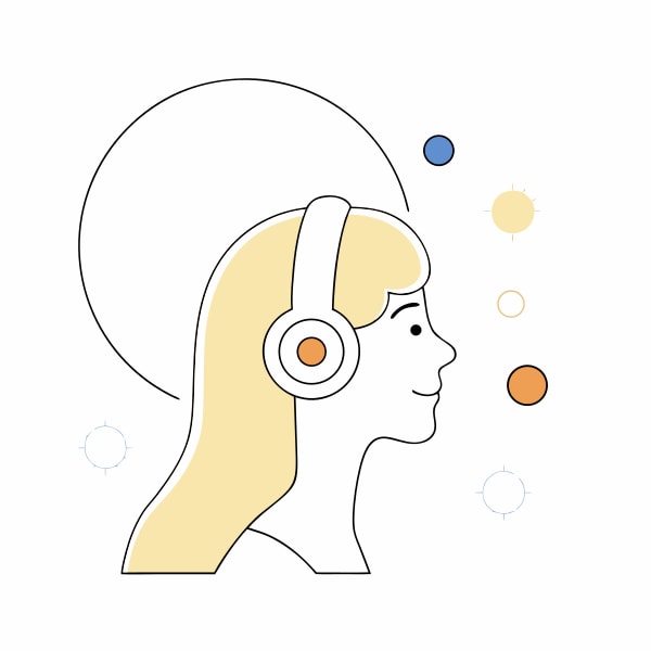 A Stylized Illustration Of A Woman Wearing Headphones Set Against A Backdrop Celestial Elements And A Sun Like Symbol — Stock Vector
