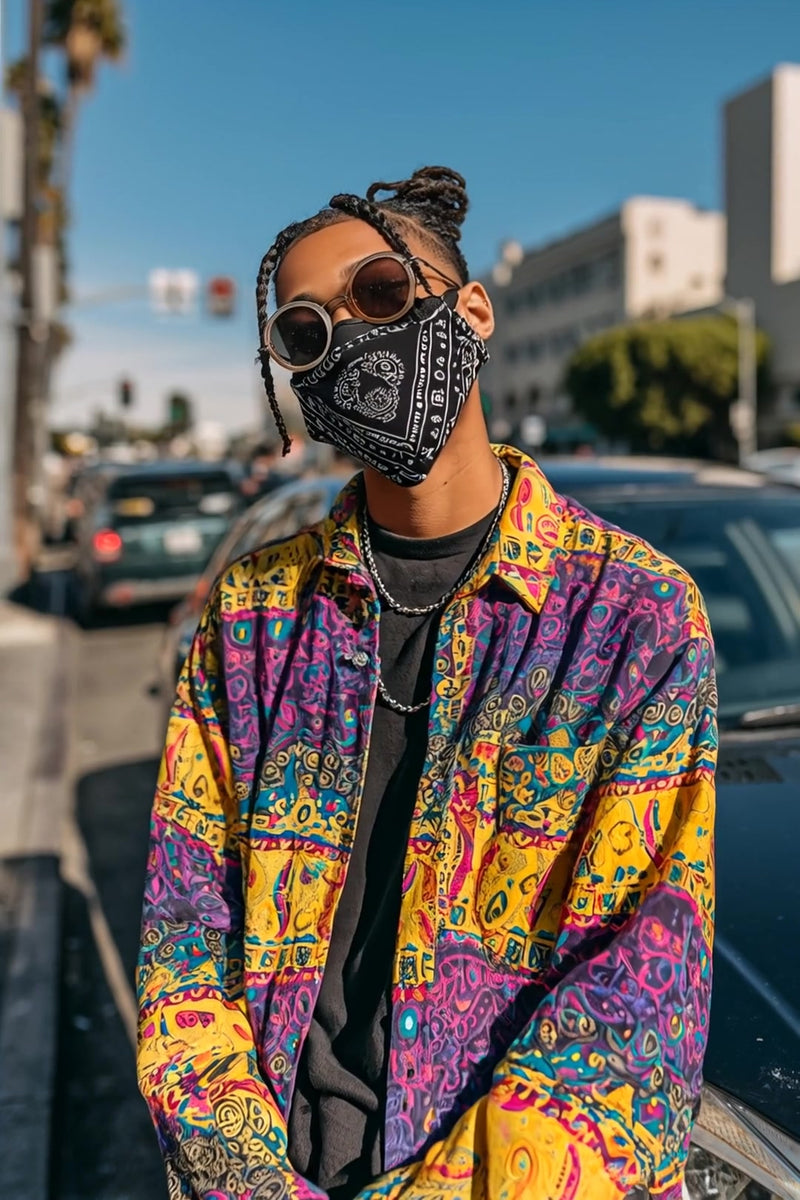 a man wearing a colorful jacket and a bandana over his mouth is standing on a sidewalk - Stock Video