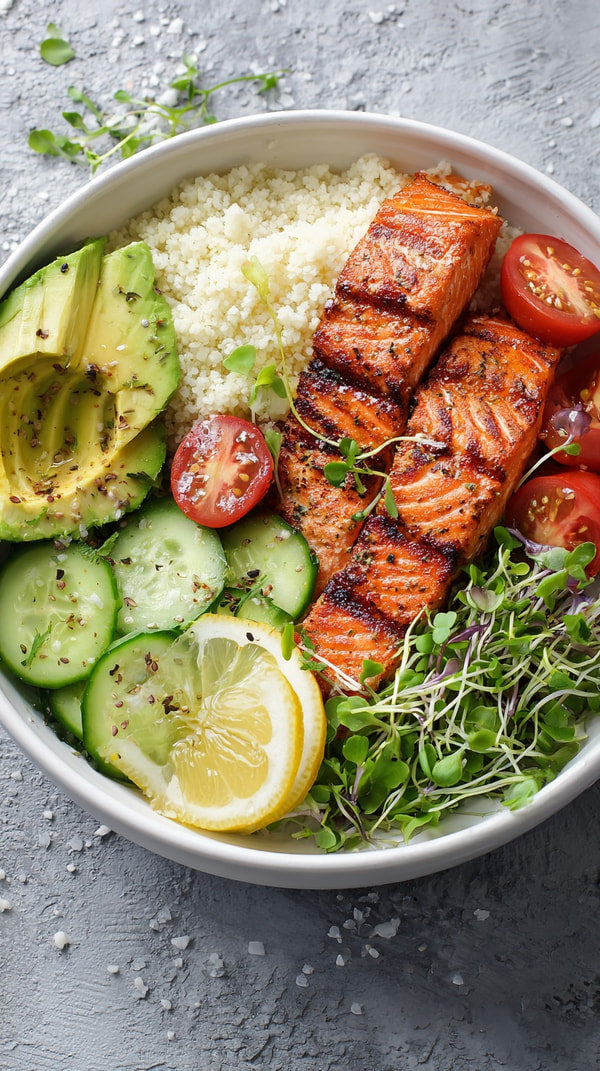 A Bowl Of Grilled Salmon Served On A Bed Of Rice With An Assortment Of Vegetables And A Wedge Of Lemon — Stock Photo
