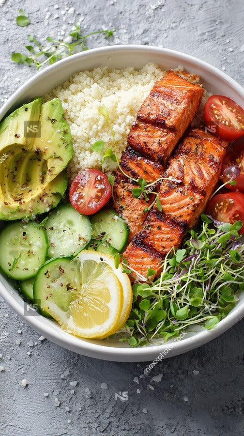 A Bowl Of Grilled Salmon Served On A Bed Of Rice With An Assortment Of Vegetables And A Wedge Of Lemon — Stock Photo