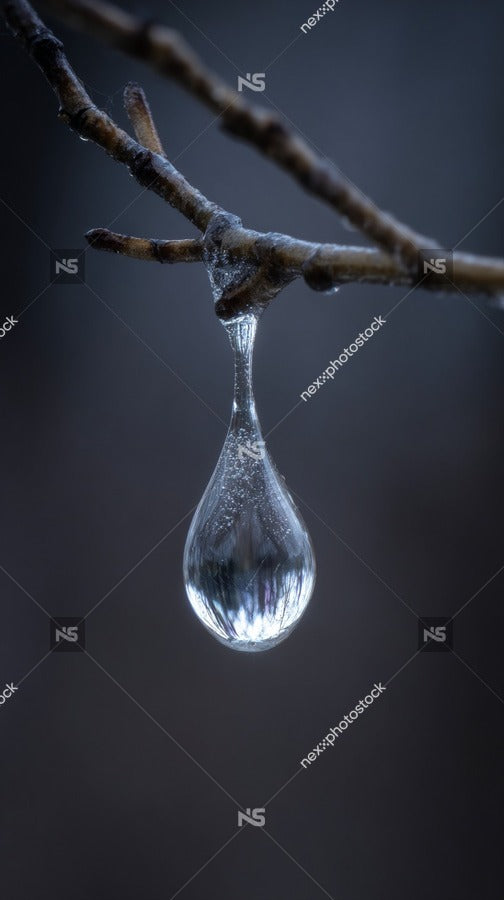 Close Up Of A Single Droplet Of Water Hanging From A Tree Branch Against A Dark Background — Stock Photo