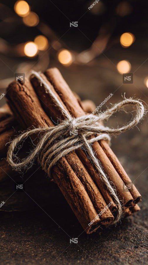 Cinnamon Sticks Tied Together With A Rope Set Against A Dark Background With String Lights — Stock Photo