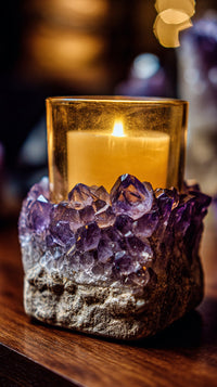 Amber Candle In A Holder With Purple Crystals Set Against A Dark Background — Stock Photo