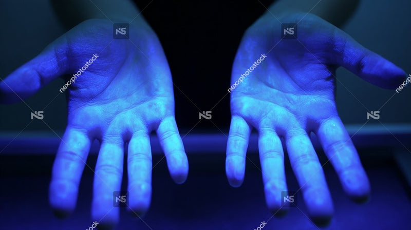 Displays A Pair Of Hands With Blue Glow Against A Dark Background Captured From A Top Down Perspective — Stock Photo
