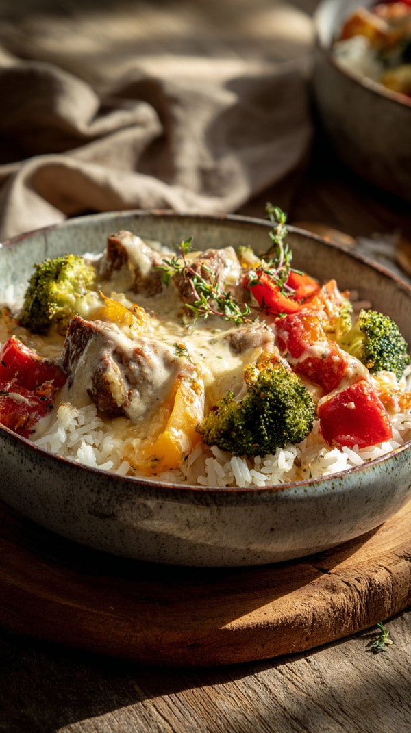 A Bowl Of Creamy Pasta Dish Topped With Broccoli And Tomatoes Served In A Blue Bowl On A Wooden Table — Stock Photo