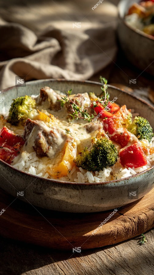 A Bowl Of Creamy Pasta Dish Topped With Broccoli And Tomatoes Served In A Blue Bowl On A Wooden Table — Stock Photo
