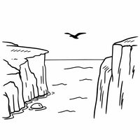 A Black And White Line Drawing Of A Cliff Overlooking An Ocean With A Bird Flying In The Sky Above It — Stock Vector
