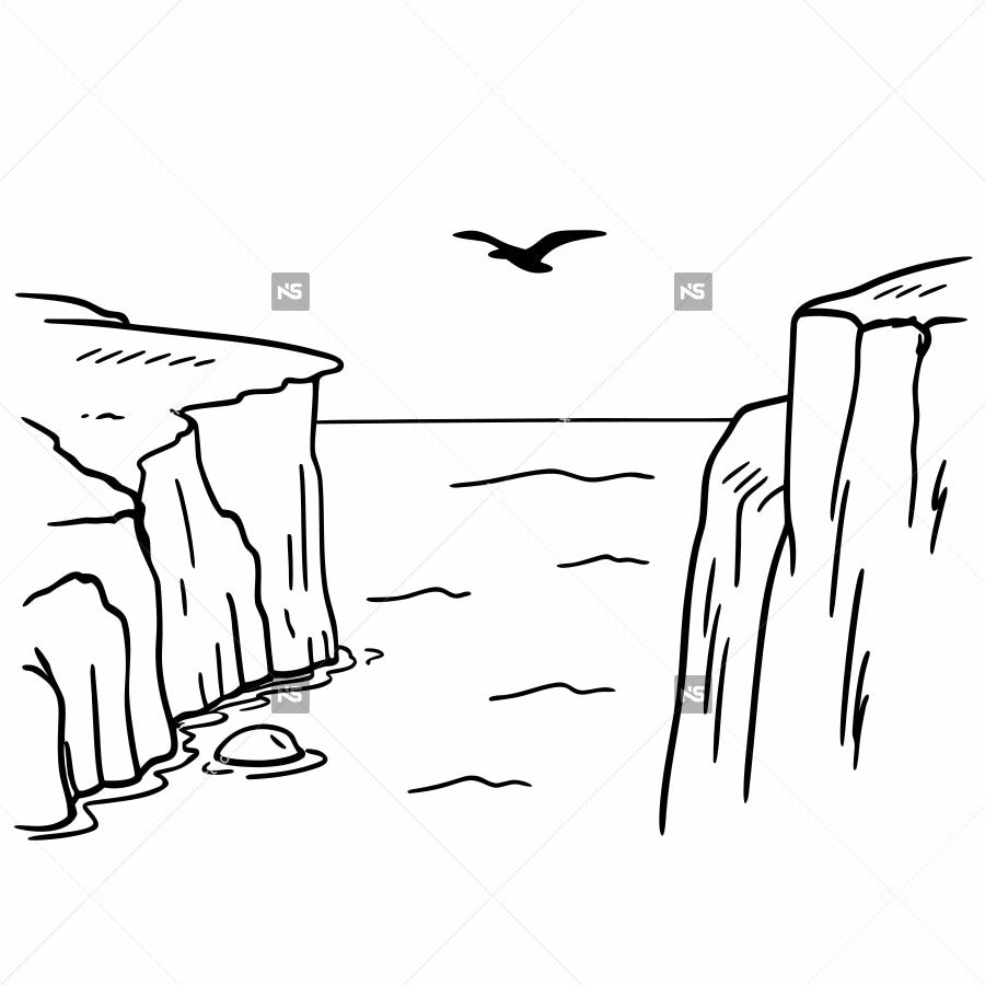 A Black And White Line Drawing Of A Cliff Overlooking An Ocean With A Bird Flying In The Sky Above It — Stock Vector