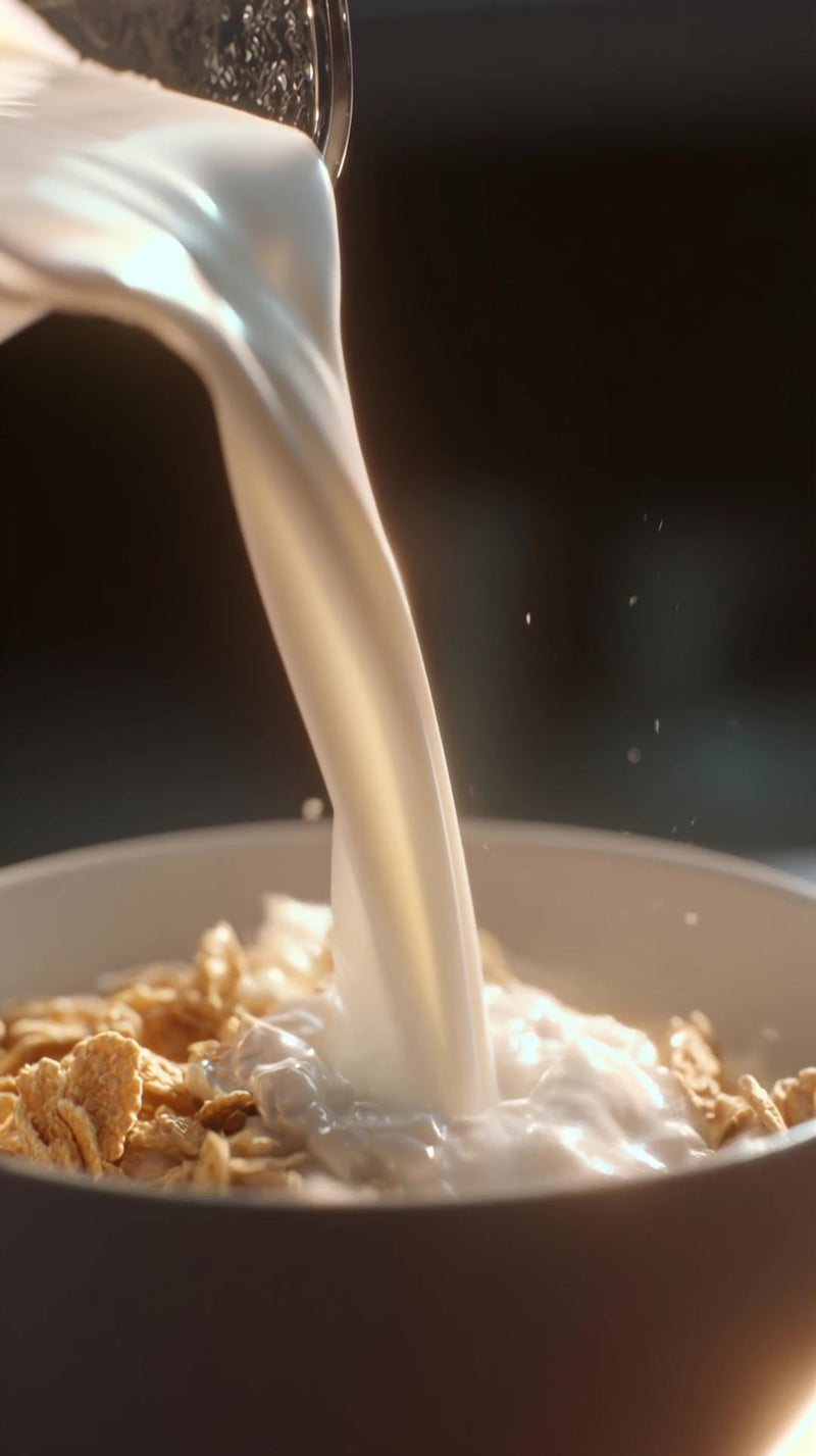 cereal pouring action captured in a close up shot with the focus on the cereal and milk being poured from a pitcher into - Stock Video