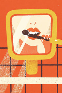 A Retro Style Illustration Of A Microphone With A Person S Face In The Mirror Set Against A Red Background With A Grid Pattern — Stock Illustration