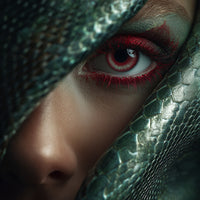 Close Up Portrait Of A Person Wearing A Snake Skin Mask And Red Eye Makeup — Stock Photo