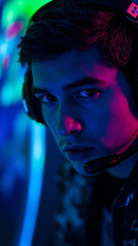 A Man Wearing A Headset Focused Intently On A Screen While Sitting In Front Of A Colorful Gaming Setup — Stock Photo
