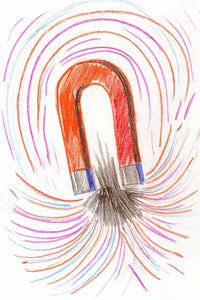 A Hand Drawn Image Of A Magnet With A Red And Blue Striped Core Suspended In Mid Air Against A Backdrop Of Swirling Lines — Stock Illustration