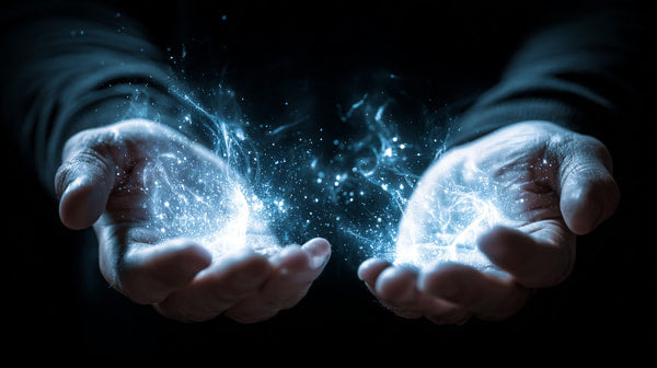 Hands Releasing Magic From Within Set Against A Dark Background With A Blue Glow Effect — Stock Photo