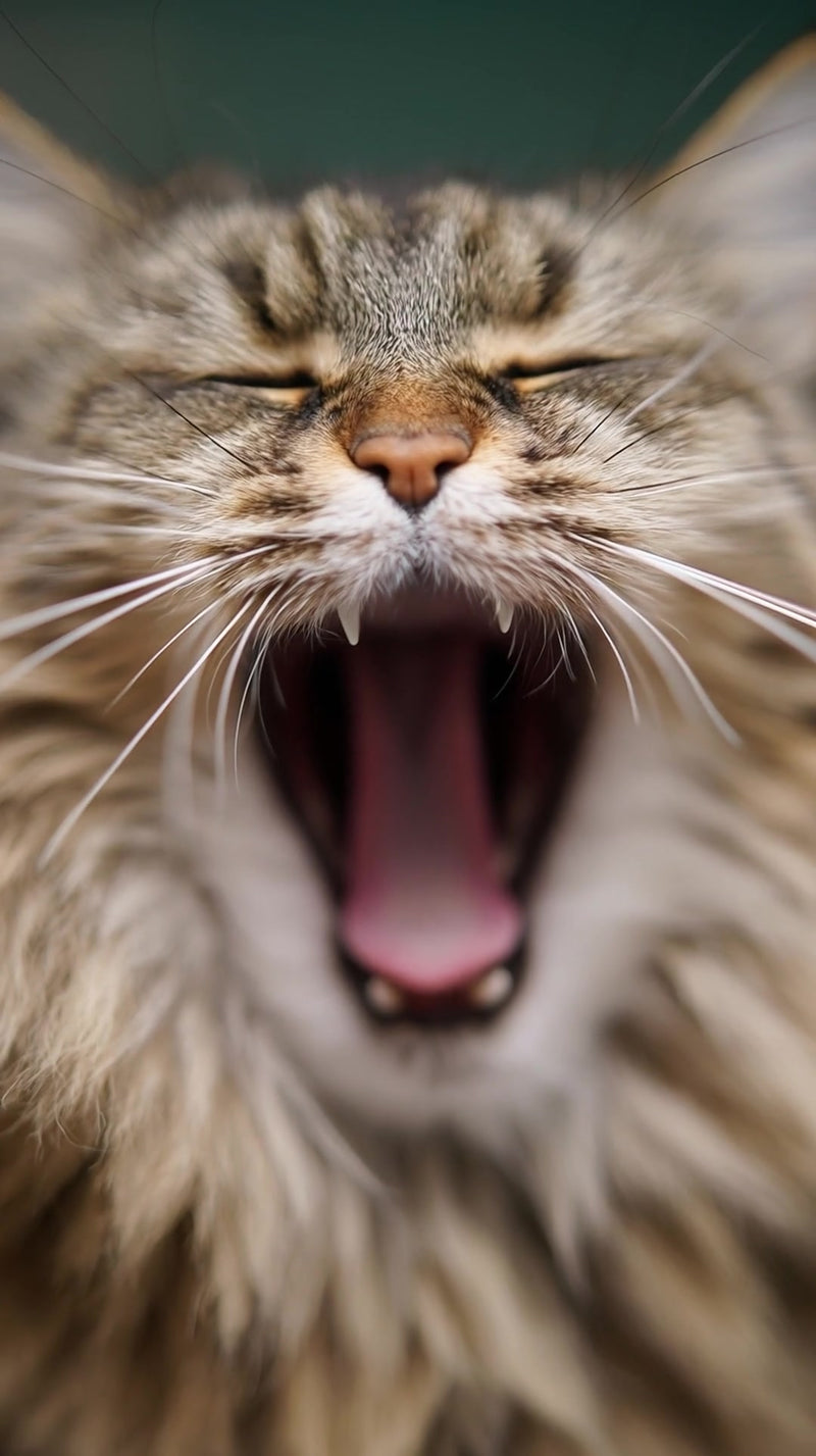 a close up photograph of a cat with its mouth wide open its teeth and tongue - Stock Video