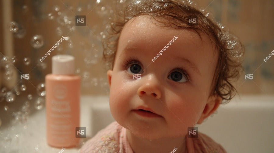 A Baby Sitting In A Bathtub Filled With Bubbles Looking Directly At The Camera — Stock Photo