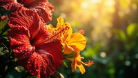 Showcases A Hibiscus Flower With Red Petals Set Against A Backdrop Of Sunlight Filtering Through Leaves — Stock Photo
