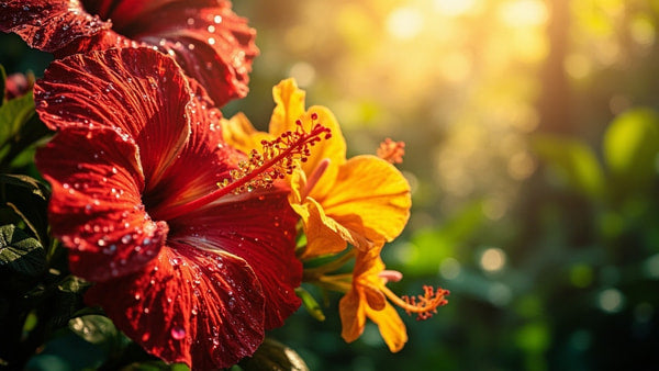 Showcases A Hibiscus Flower With Red Petals Set Against A Backdrop Of Sunlight Filtering Through Leaves — Stock Photo