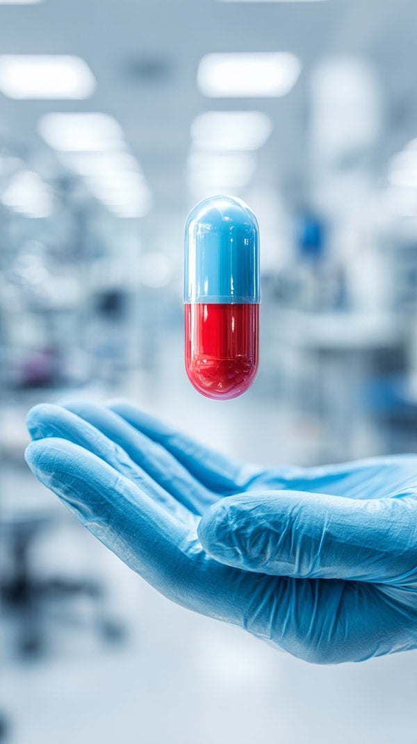 A Red Pill Held By A Person In A Lab Coat With A Blue Background And Medical Equipment Visible — Stock Photo