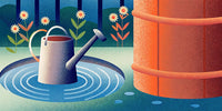 A Watering Can Is Placed In A Puddle Surrounded By Flowers And A Red Barrel — Stock Illustration