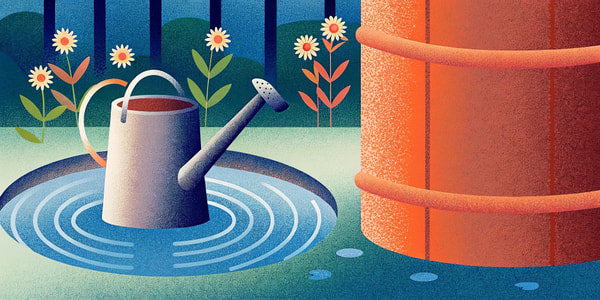 A Watering Can Is Placed In A Puddle Surrounded By Flowers And A Red Barrel — Stock Illustration