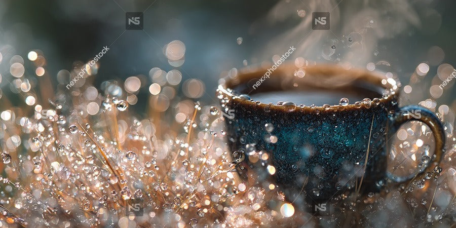 A Coffee Cup Sits In A Field Of Sparkling Droplets Creating An Ethereal Scene — Stock Photo
