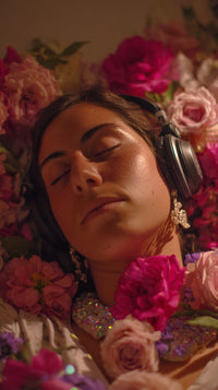 Shows A Woman Lying Down With Her Eyes Closed Wearing Headphones And Surrounded By Flowers — Stock Photo