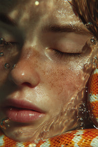 A Close Up Image Of A Person S Face With Water Droplets Falling Onto It Creating A Misty Effect Around Their Eyes And Nose — Stock Photo