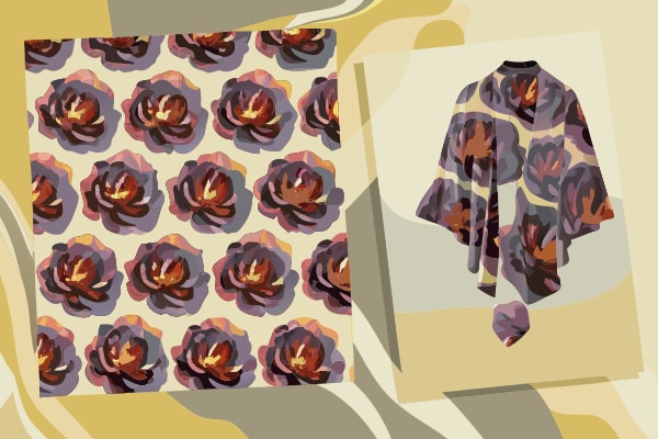 Floral Patterned Fabric With A Matching Cape And Dress Displayed On A Mannequin Against A Yellow Background — Stock Vector