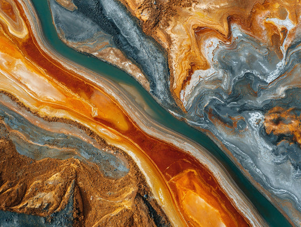 Aerial View Of A Martian Landscape With Red And Orange Rock Formations Blue River Meandering Through And A Clear Sky Above — Stock Photo