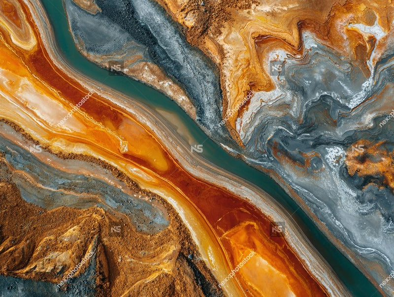 Aerial View Of A Martian Landscape With Red And Orange Rock Formations Blue River Meandering Through And A Clear Sky Above — Stock Photo