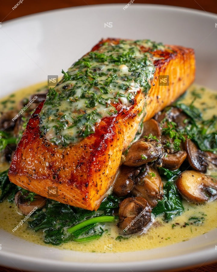 A Plate Of Salmon Topped With Spinach And Mushrooms Served On A White Plate — Stock Photo