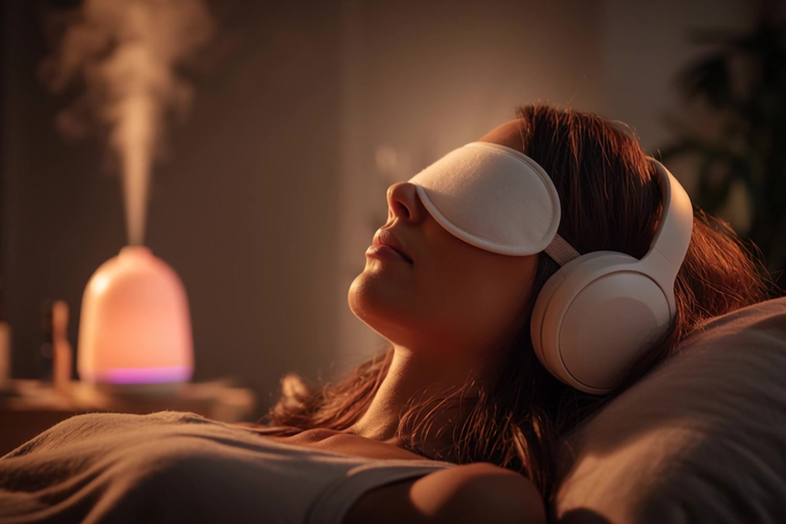 a woman wearing an eye mask while lying down in a room with a diffuser emitting a soft glow - Stock Video
