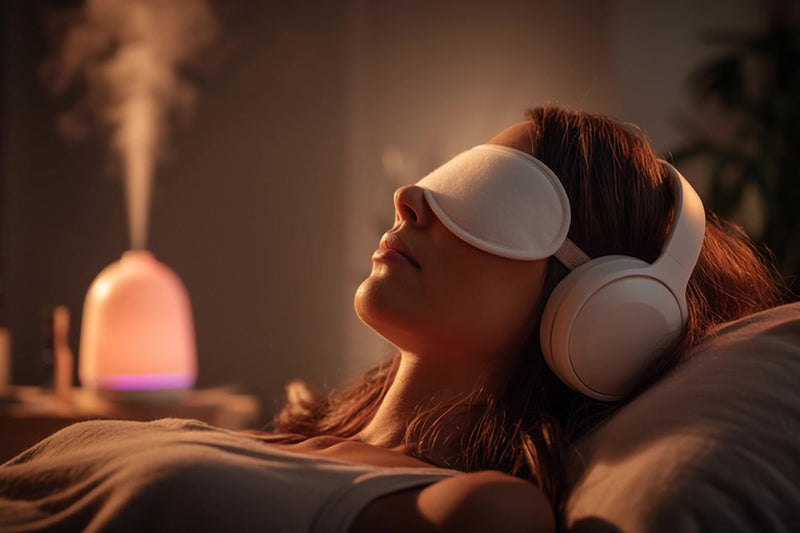 a woman wearing an eye mask while lying down in a room with a diffuser emitting a soft glow - Stock Video
