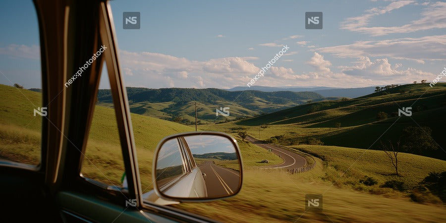 A Car Window View Of A Rural Road Showcasing A Scenic Landscape With Rolling Hills And A Clear Blue Sky — Stock Photo