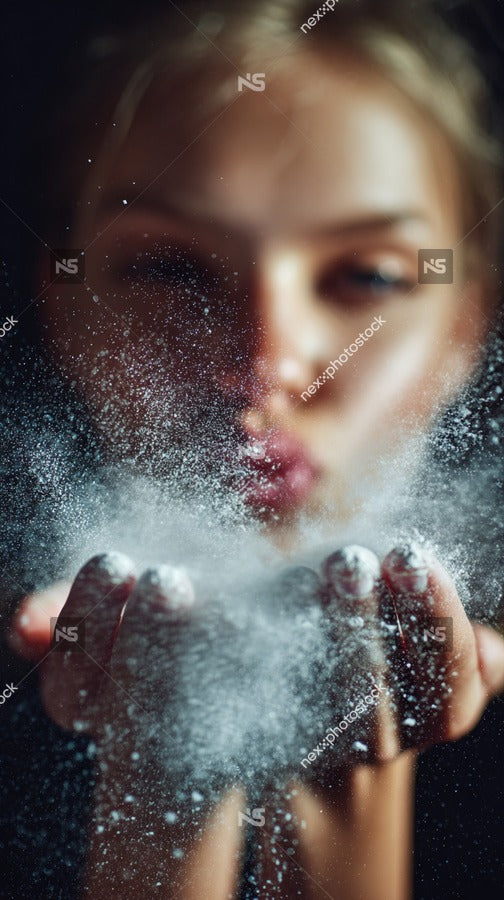 A Woman Is Captured In A Close Up Shot Her Hand Extended Towards The Camera Filled With Sugar Particles — Stock Photo