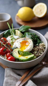 A Bowl Of Vibrant Salad Topped With Eggs Garnished With Herbs And A Drizzle Of Dressing Placed On A Table — Stock Photo