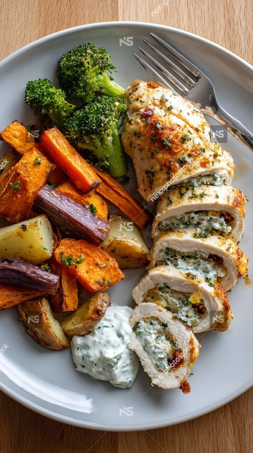 A Plate Of Chicken And Vegetables Including Carrots And Broccoli Served With A Side Of Sauce 2 — Stock Photo