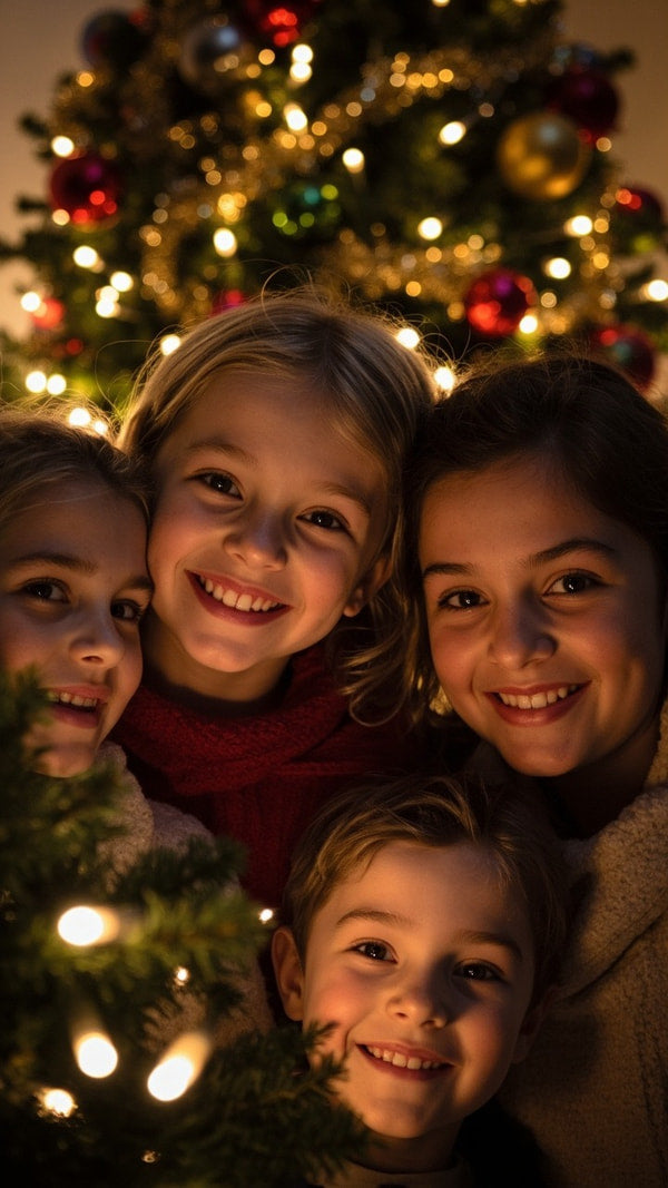Three Children Posing In Front Of A Christmas Tree With Lights Smiling And Looking Towards The Camera — Stock Photo