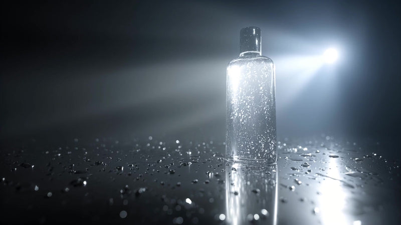 shows a clear bottle with a glittery substance inside placed on a reflective surface that to be wet shiny - Stock Video