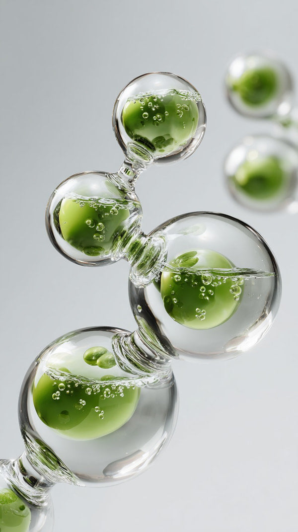 Transparent Soap Bubbles With Green Liquid Inside Floating In A Row Against A White Background — Stock Photo