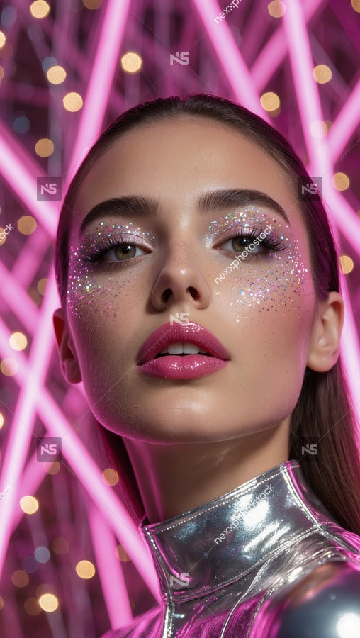 Woman In Glitter Makeup With Pink Background — Stock Photo