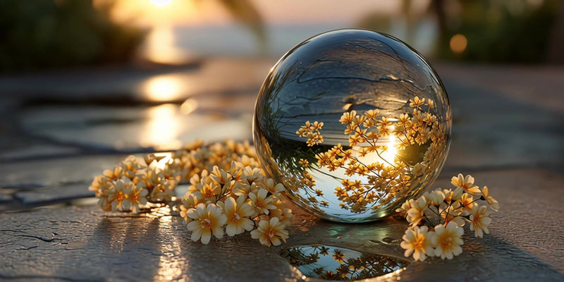 features a large glass sphere resting on a surface with a backdrop of a beach at sunset - Stock Video