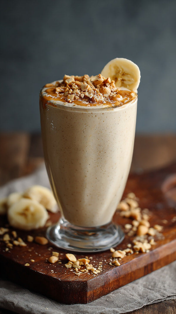 A Banana Smoothie With Nuts Served In A Glass On A Wooden Table — Stock Photo