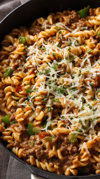 A Cheesy Pasta Bake In A Black Skillet Topped With Melted Cheese And Herbs — Stock Photo
