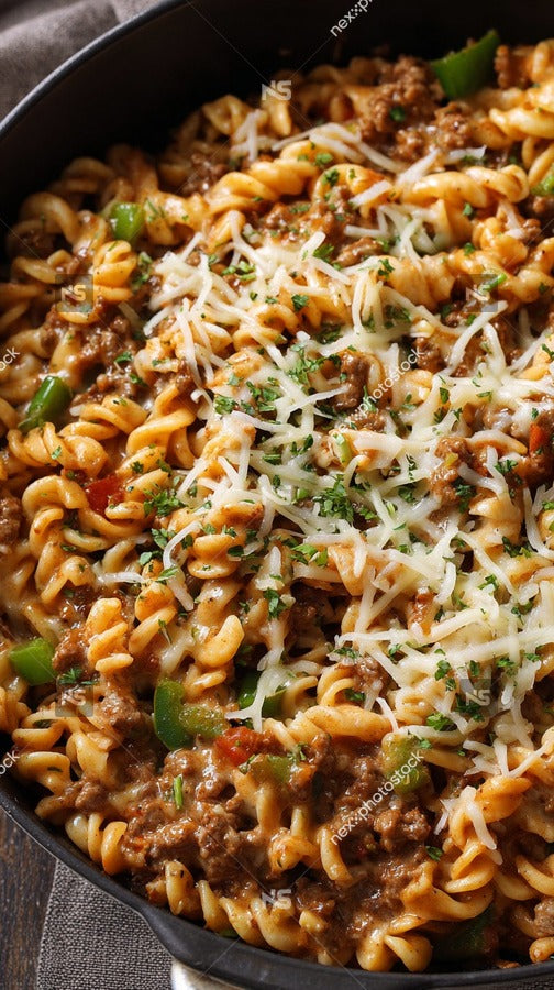 A Cheesy Pasta Bake In A Black Skillet Topped With Melted Cheese And Herbs — Stock Photo
