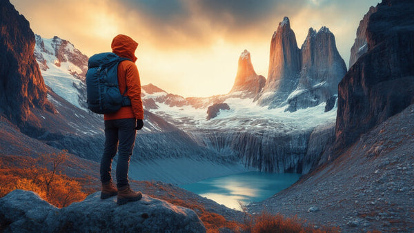 A Person Stands On A Mountain Peak Overlooking A Breathtaking Landscape Of Snow Capped Mountains And A Serene Lake — Stock Photo
