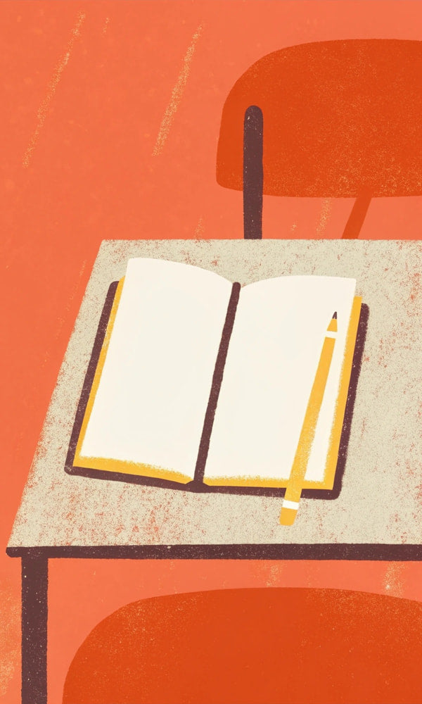 A School Desk With Books A Red Chair And An Open Book Set Against A Red Background — Stock Illustration