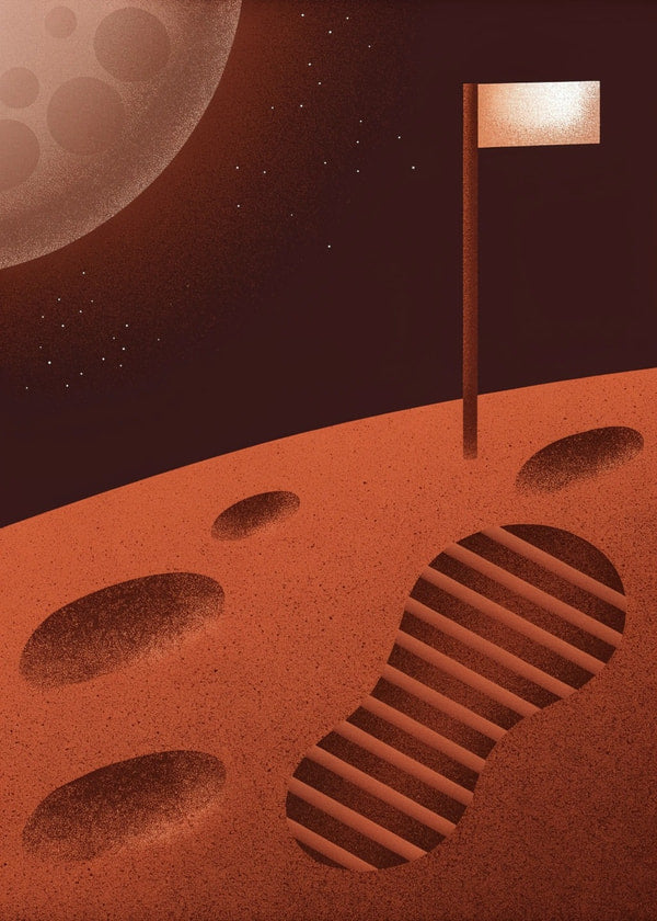 Illustration Of A Martian Landscape With A Footprint And Signpost A Human Presence On Mars — Stock Illustration