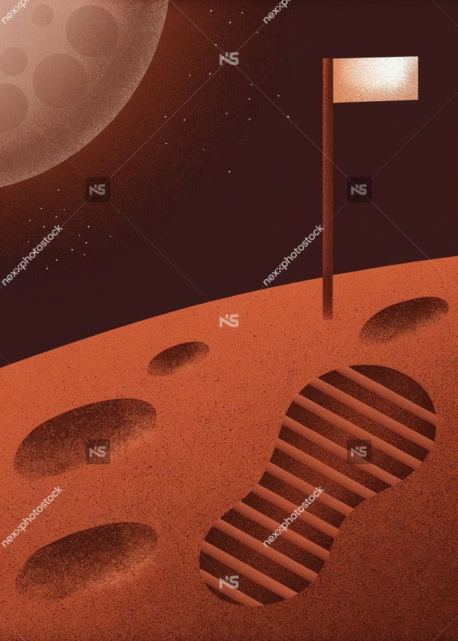 Illustration Of A Martian Landscape With A Footprint And Signpost A Human Presence On Mars — Stock Illustration